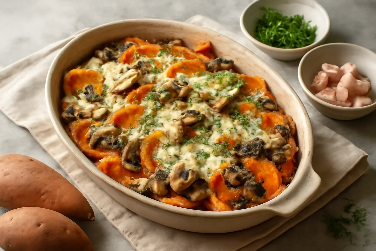 Cartofi dulci gratinati cu ciuperci si mozzarella