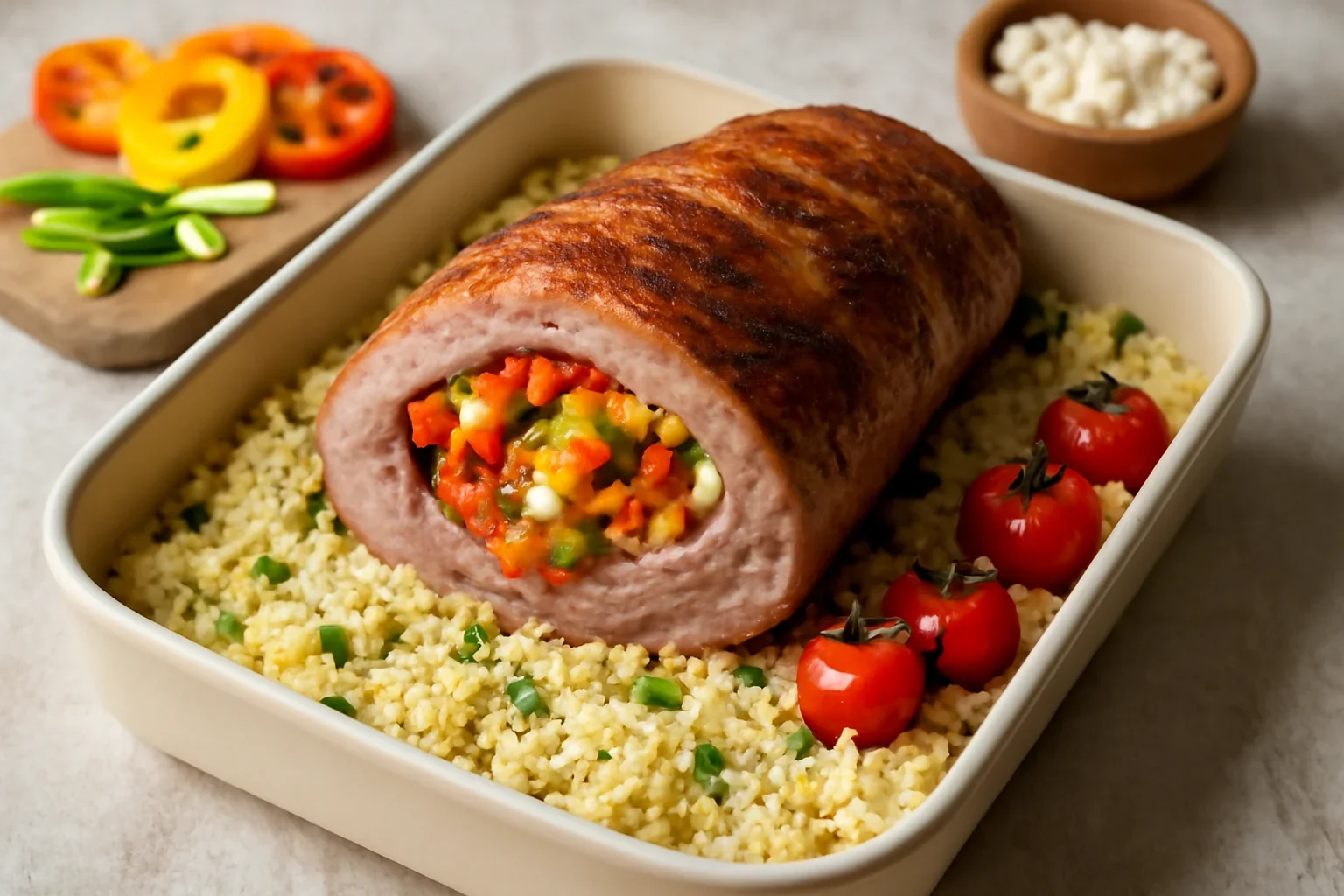 Friptură fragedă de miel umplută cu usturoi, ardei copți și brânză feta – la cuptor