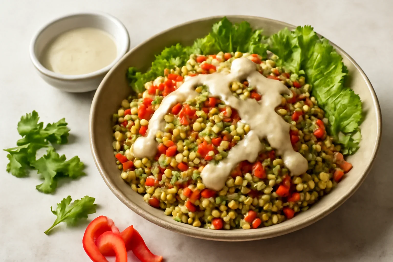 Salată cu fasole mung și dressing de tahini