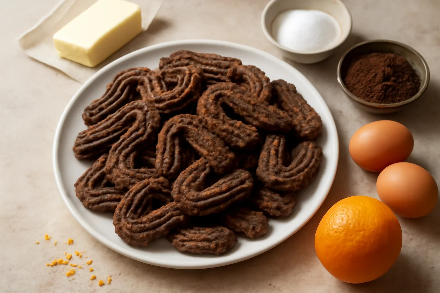 Biscuiti spritati cu cacao, unt si portocale