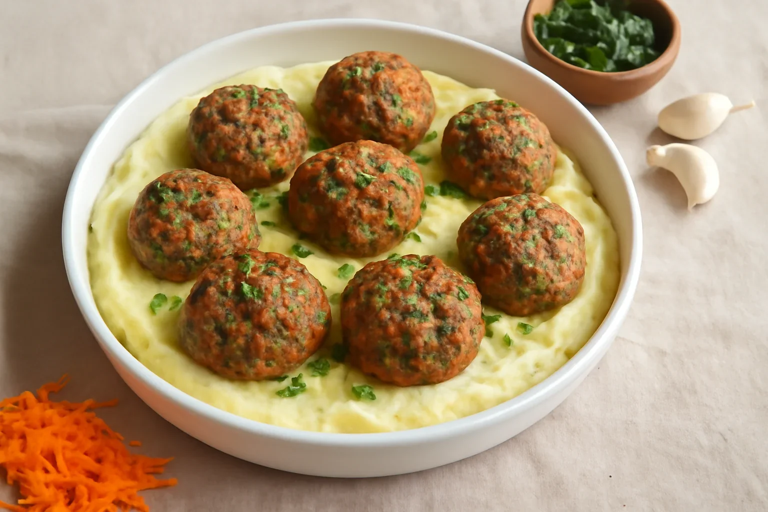 Chiftele din carne cu legume si piure de cartofi, reteta clasica