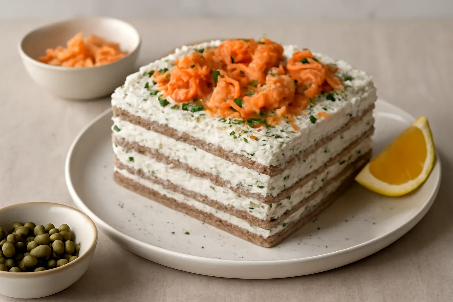 Tort aperitiv cu brânză și somon afumat – rețetă detaliată de aperitiv festiv