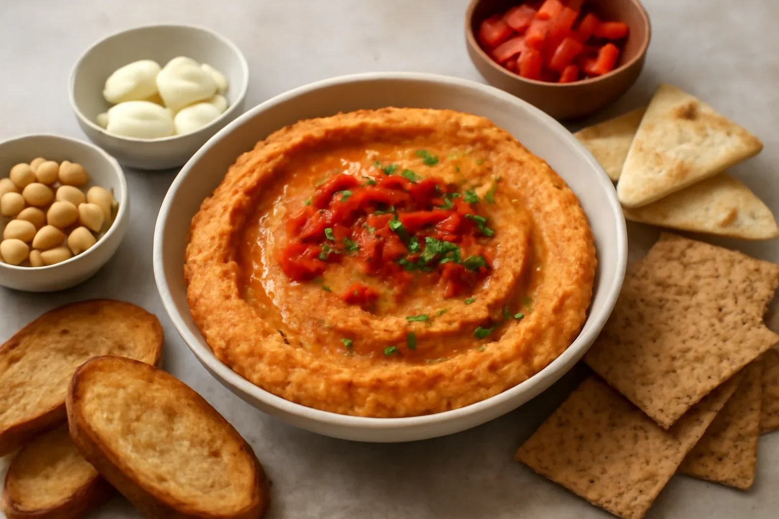 Pastă de năut cu usturoi și ardei copți – rețeta de hummus picant de post
