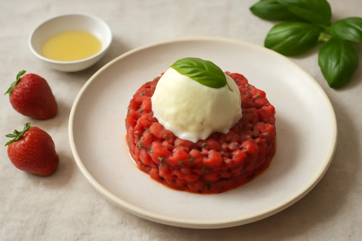 Tartare de căpșuni cu busuioc și înghețată de casă