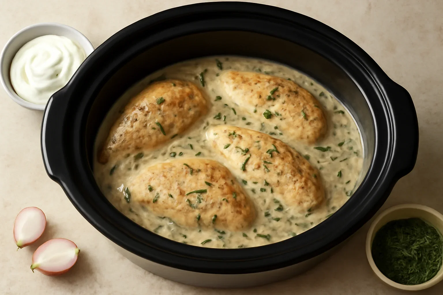 Piept de pui cu smântană și tarhon gătit la slow cooker