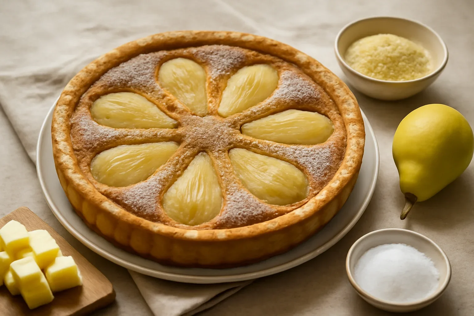 Prăjitură fragedă cu pere și cremă frangipane de migdale – rețeta franțuzească