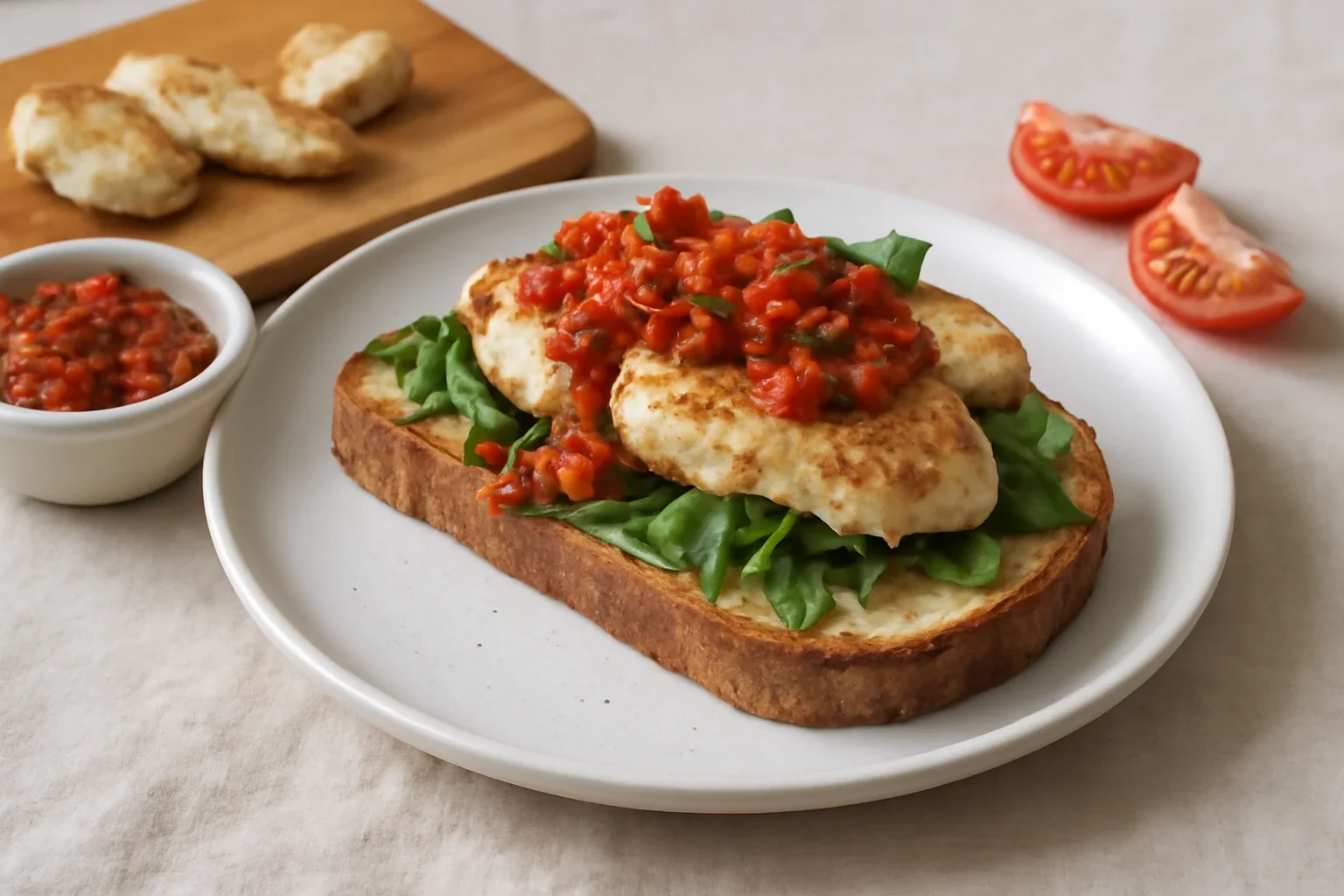 Sandwich cu tapenadă de ardei și carne de pui