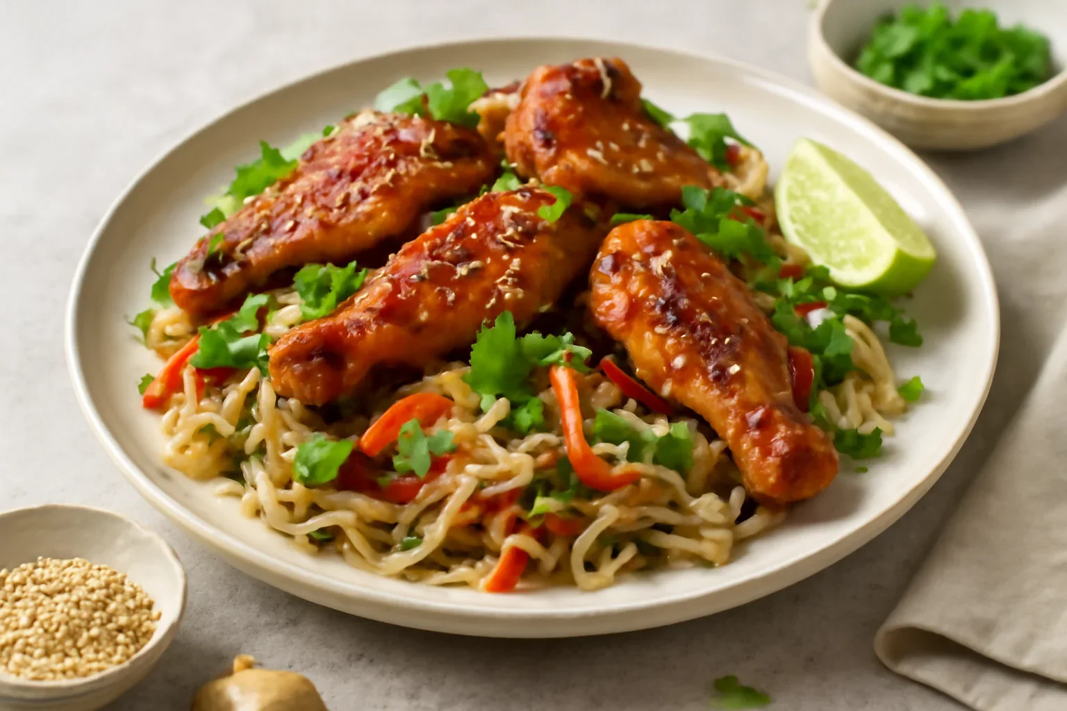 Aripioare picante cu sos Thai si noodles