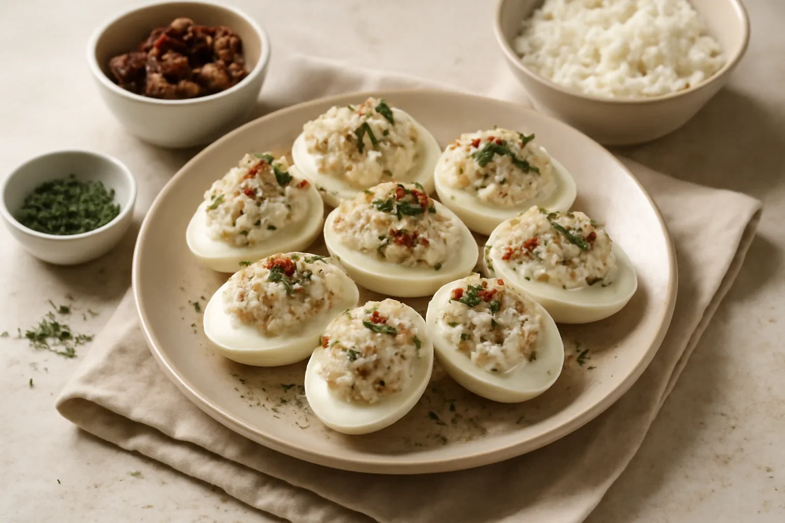 Ouă umplute cu ricotta, ierburi și roșii uscate