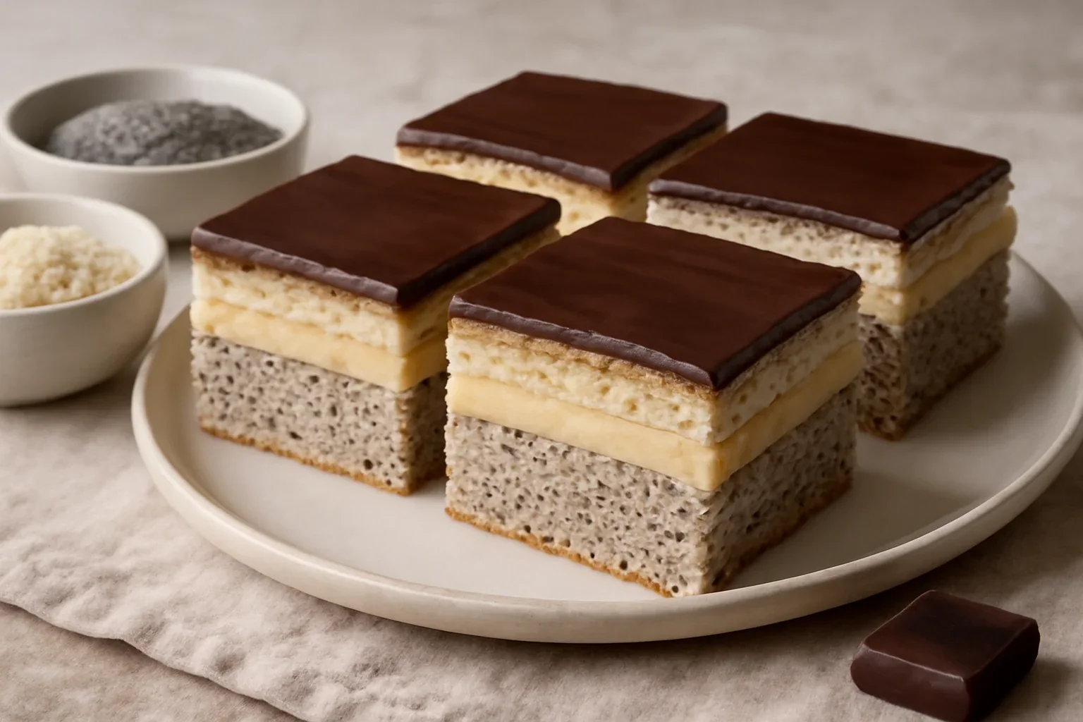 Prajitura Tosca cu mac, crema de vanilie, biscuiti si ciocolata
