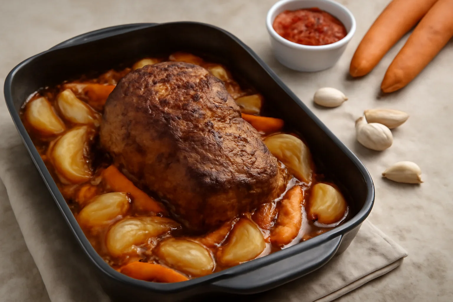 Friptura de porc cu legume si sos la cuptor reteta simpla