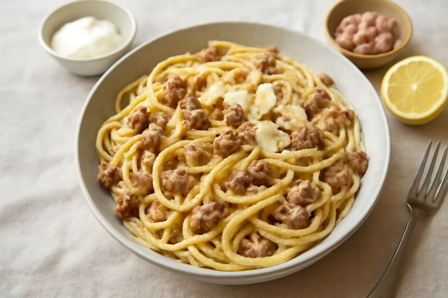 Paste carbonara cu carnati Jamie Oliver