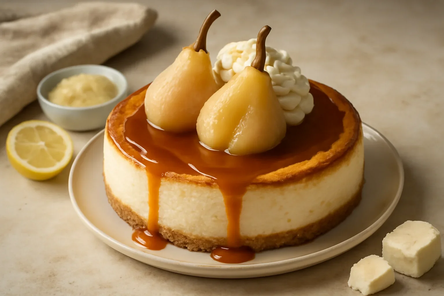 Cheesecake cu sos caramel si pere