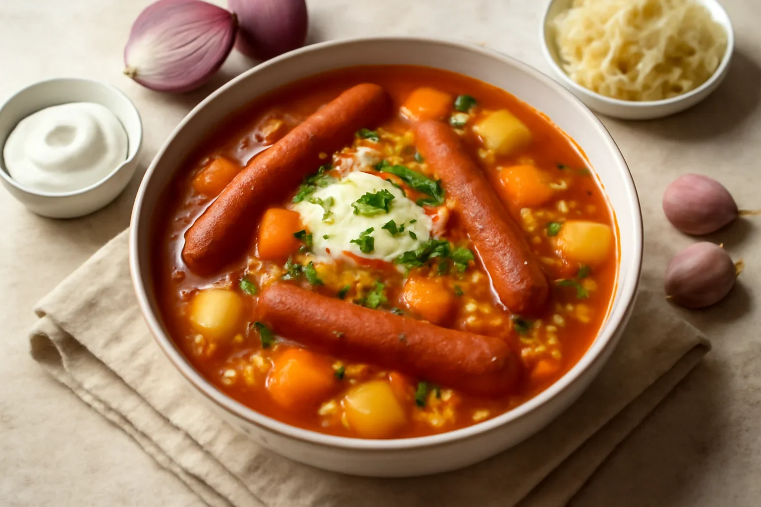 Ciorbă ungurească de varză cu crenvurști (Frankfurter) – rețeta de frankfurti leves