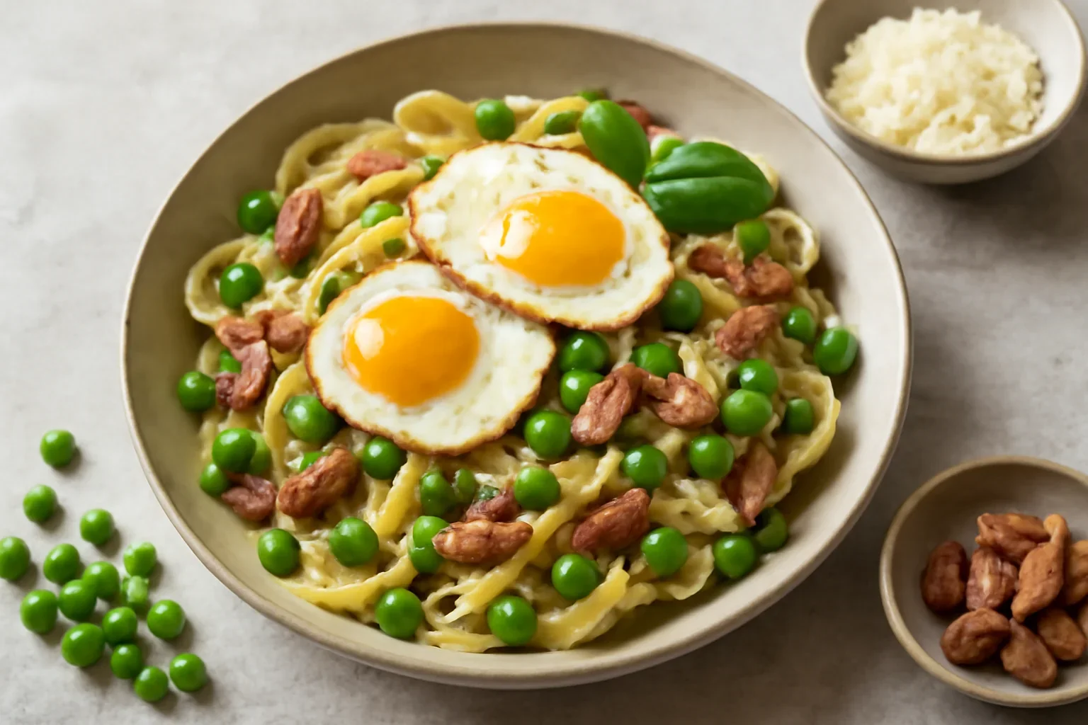 Tagliatelle cu mazare, bacon si oua