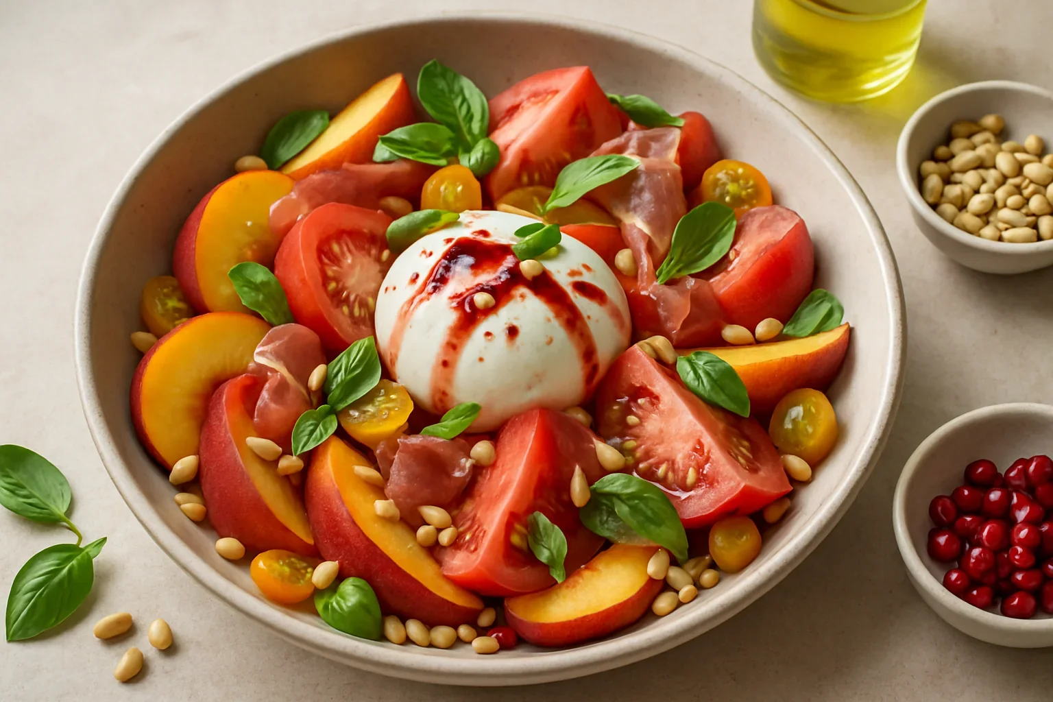 Salată cu piersici și burrata