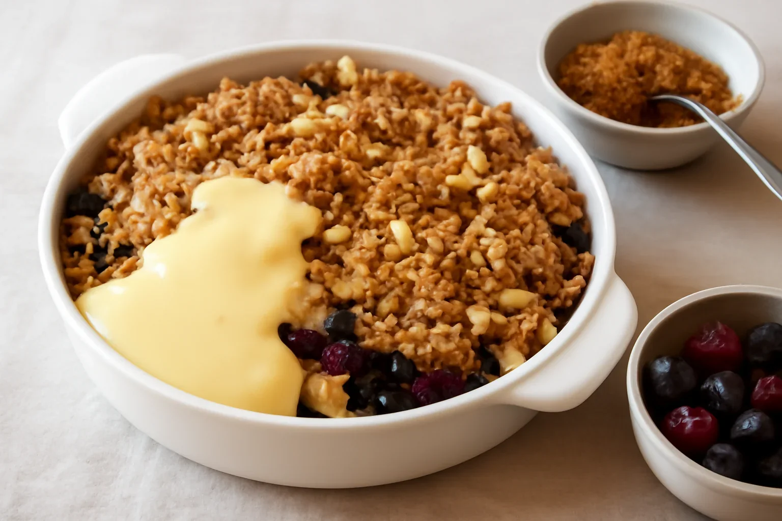 Prajitura crumble cu fructe si crema de vanilie