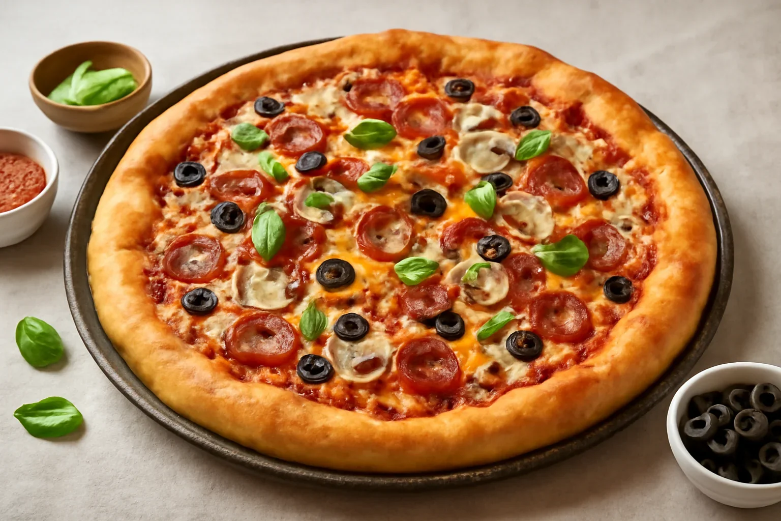 Pizza cu de toate si blat pufos, reteta romaneasca