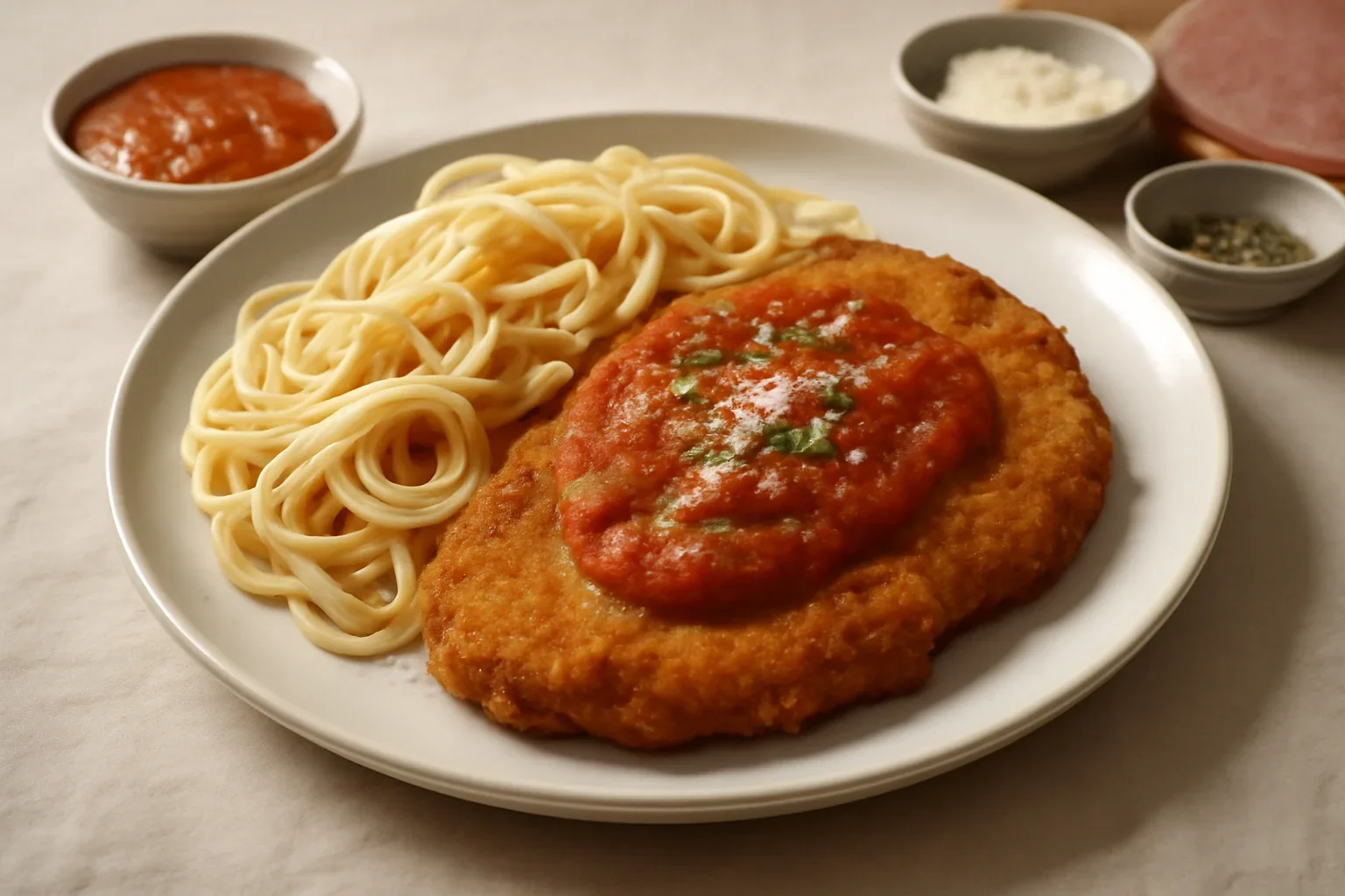 Snitel de vitel cu sos de rosii si paste Piccata Milanese