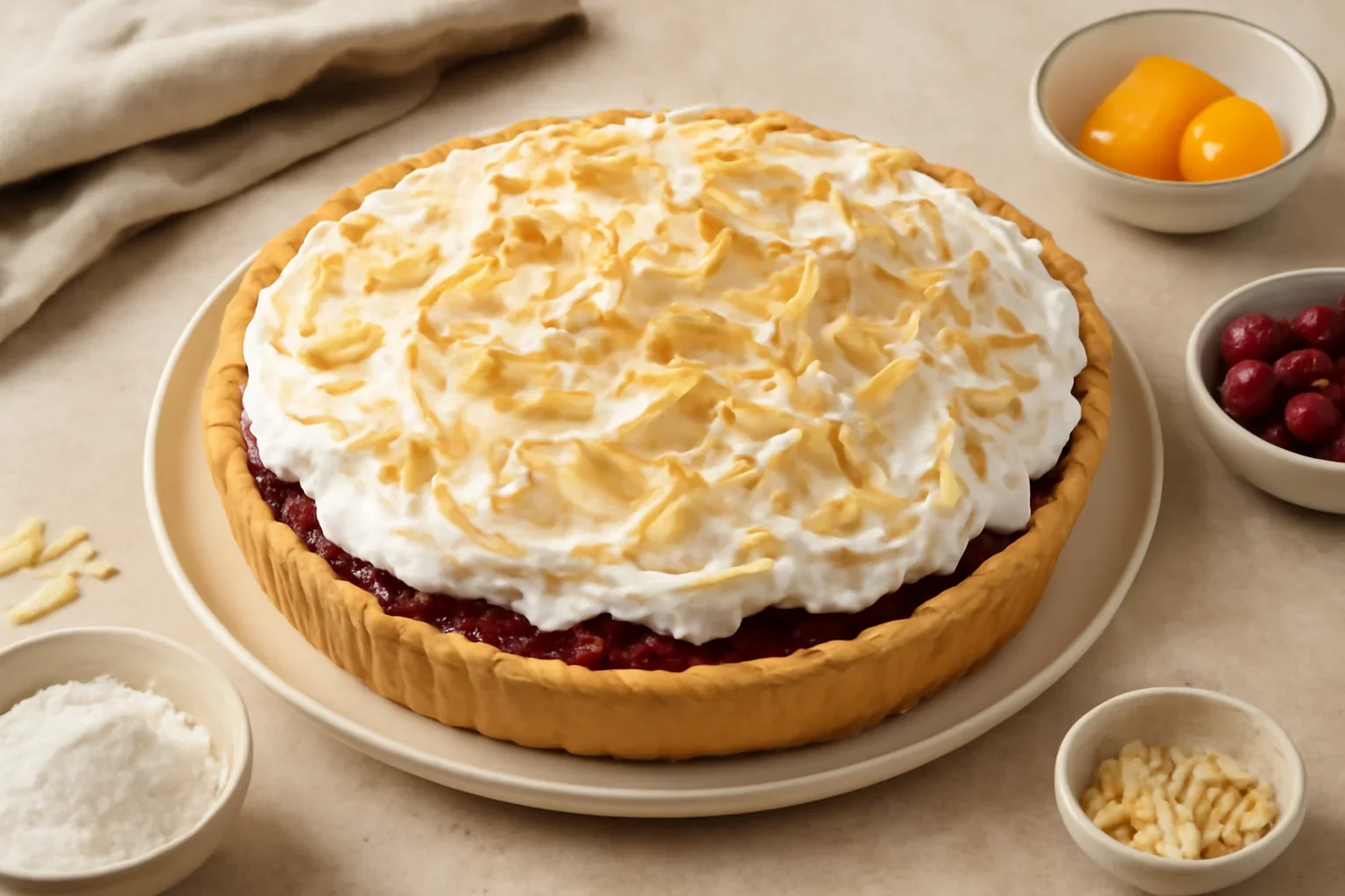 Tarta cu visine si bezea cu migdale