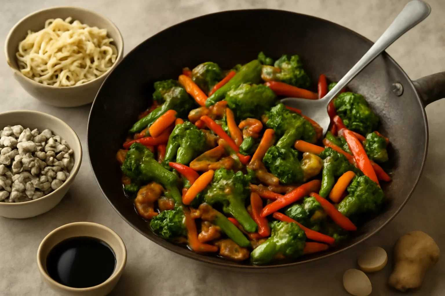 Legume sotate la tigaie în stil asiatic – stir fry de legume chinezești la wok cu sos de soia, ghimbir și usturoi