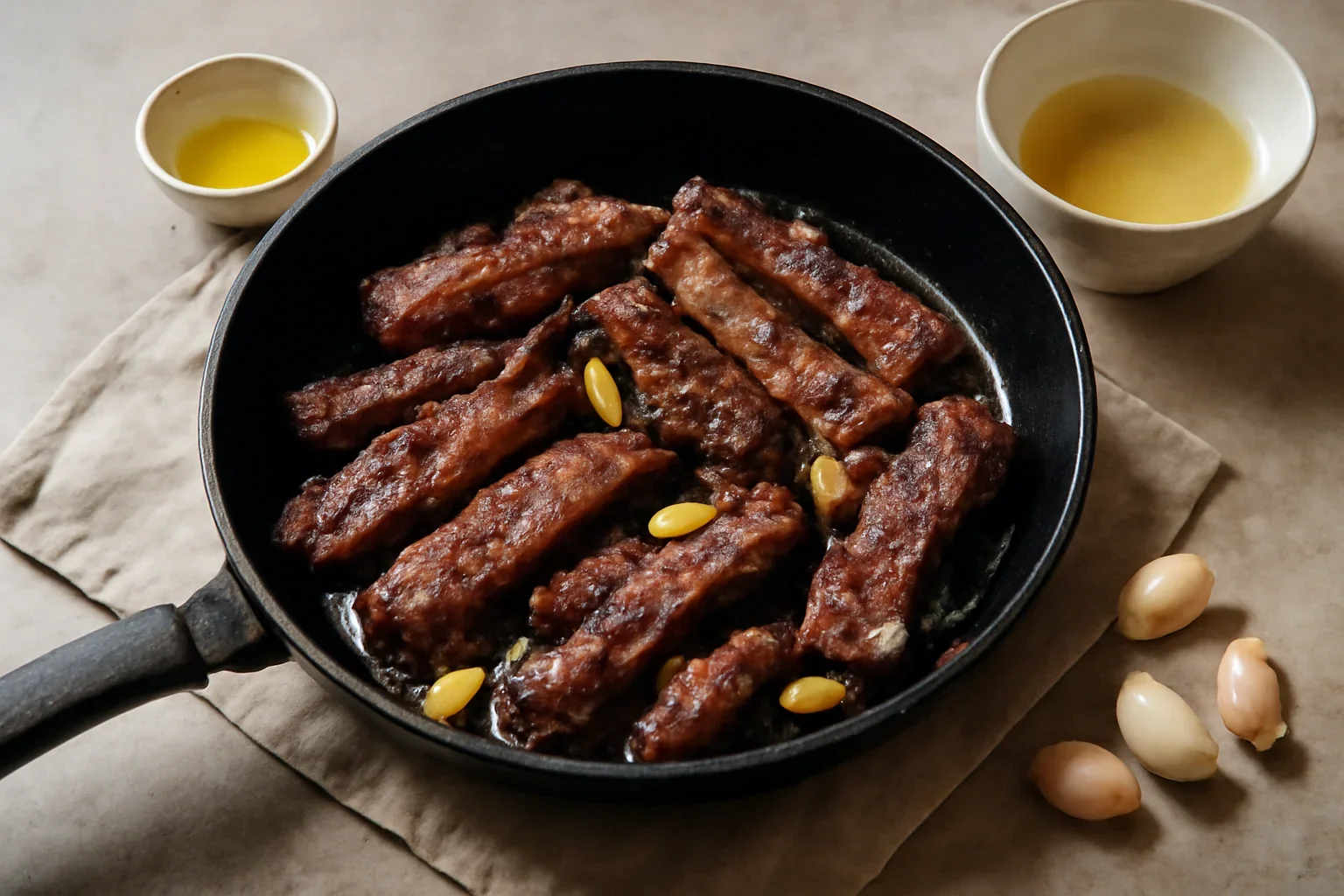 Pastrama de oaie la tigaie cu vin alb si usturoi