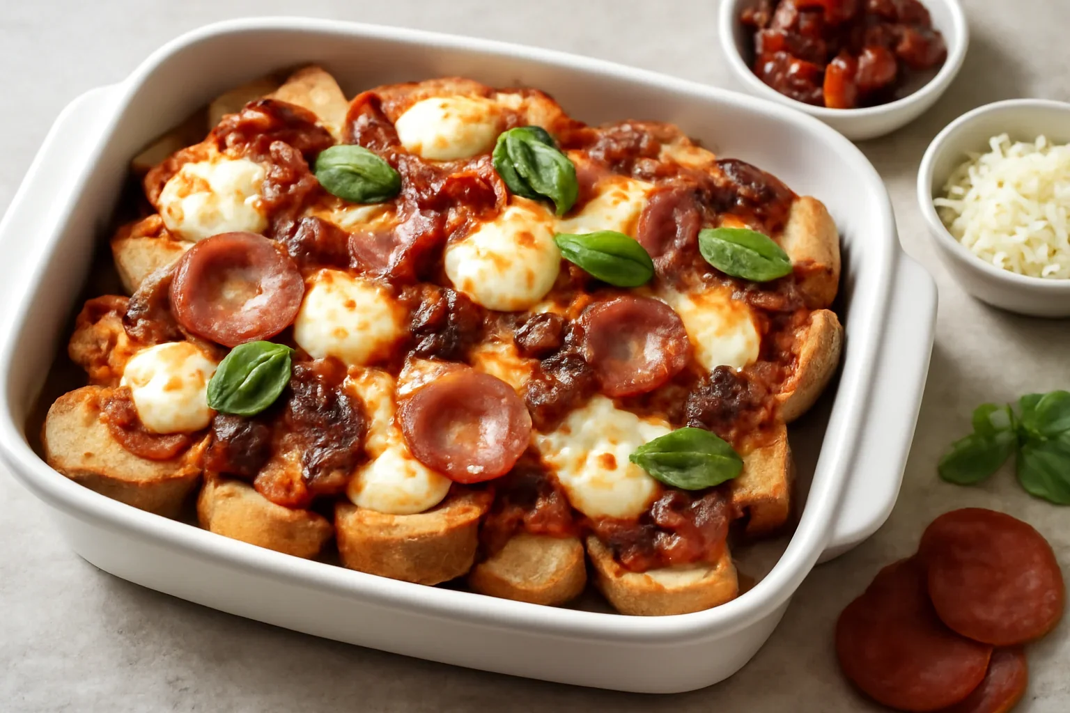 Pizza rapidă pe felii de pâine – rețeta de budincă cu brânză mozzarella și sos de roșii