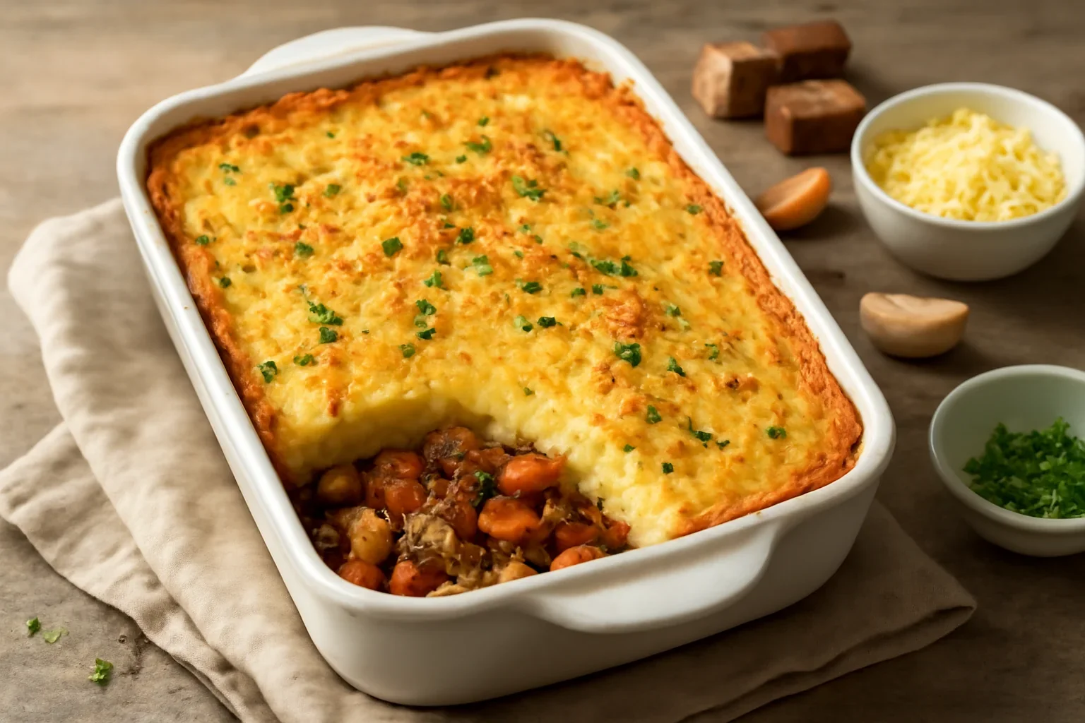 Caserolă cu crustă de cartofi cu brânză, carne și ciuperci – variantă economică de hachis parmentier