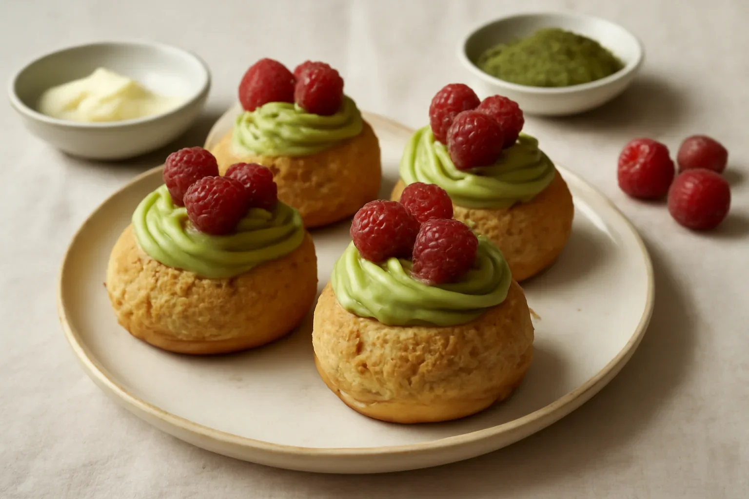 Choux au craquelin cu cremă namelaka de matcha și zmeură – VIDEO
