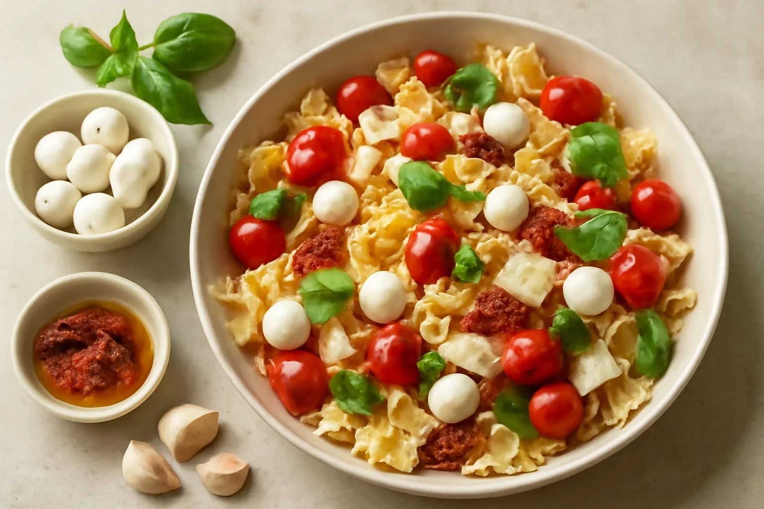 Salată de paste în stil italian cu mozzarella, roșii, usturoi și busuioc