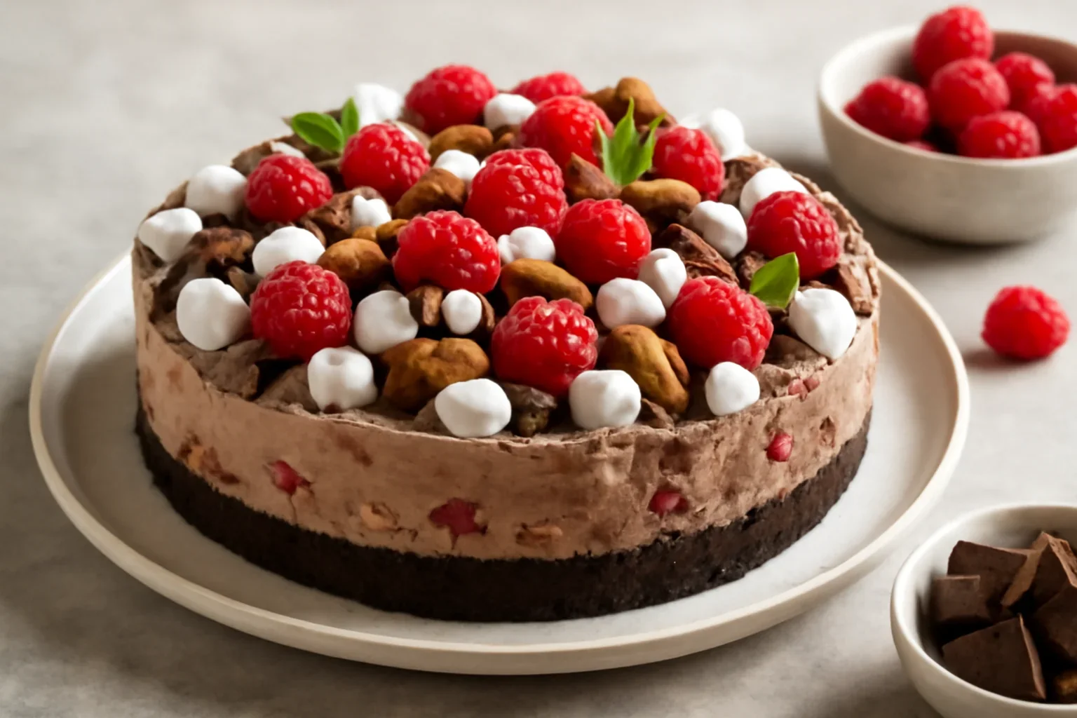 Tort fara coacere cu mousse de ciocolata, marshmallows si zmeura – tort Rocky Road