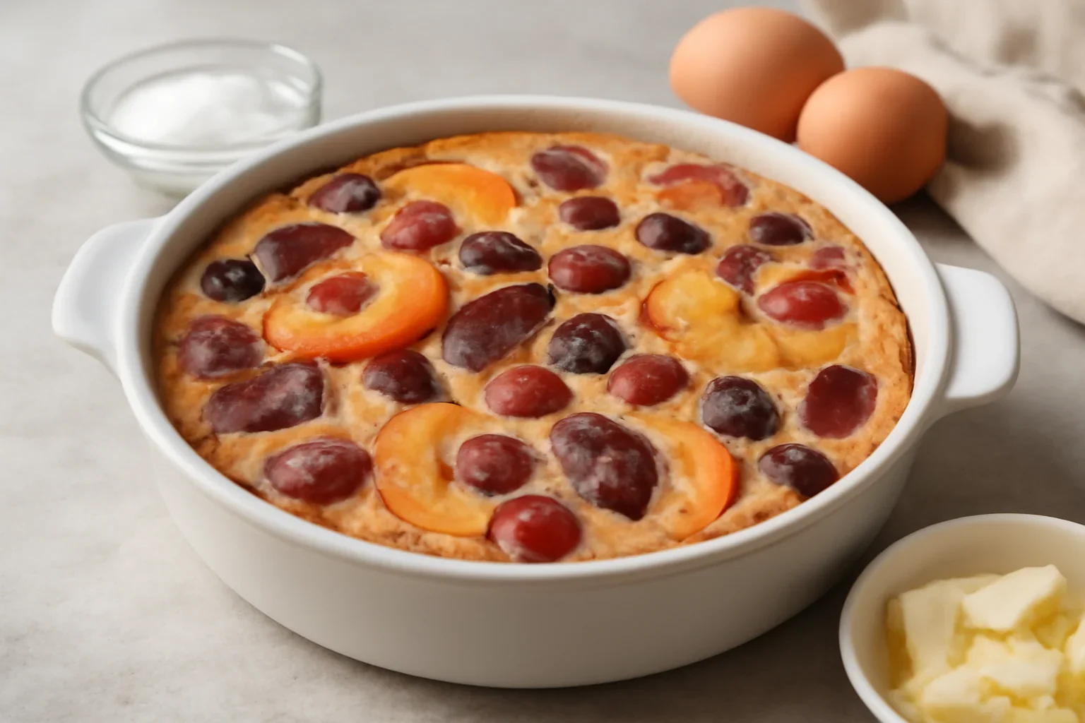 Clafoutis cu piersici, prune, vișine, cireșe, caise – rețeta de flan sau prăjitură cremoasă cu multe fructe