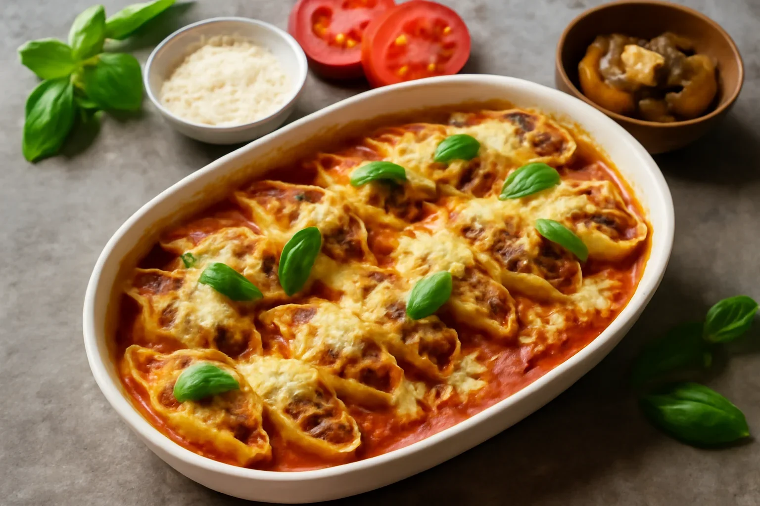 Paste scoici umplute cu carne si sos de rosii – la cuptor