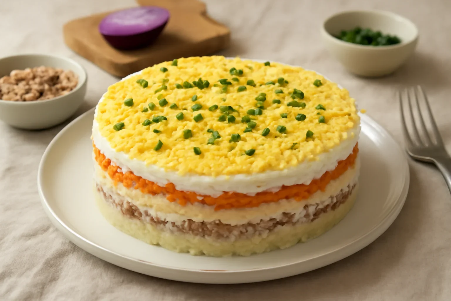 Salată mimoza – rețetă festivă de salată în straturi, accesibilă și ușor de făcut