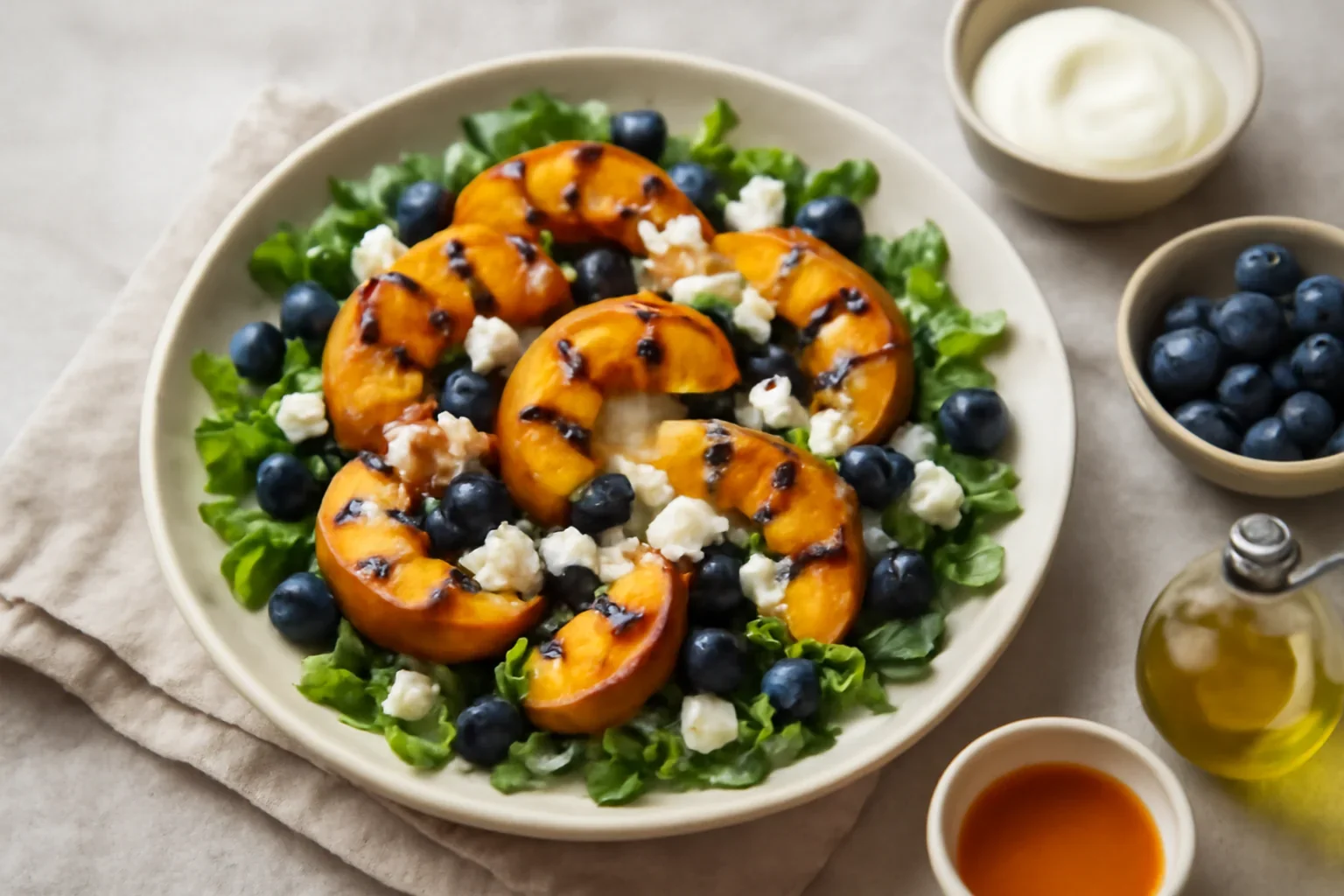 Salată cu piersici la grill și feta – rețetă de vară rapidă, delicioasă
