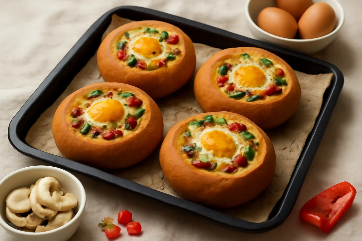 Chifle umplute cu oua si legume la cuptor