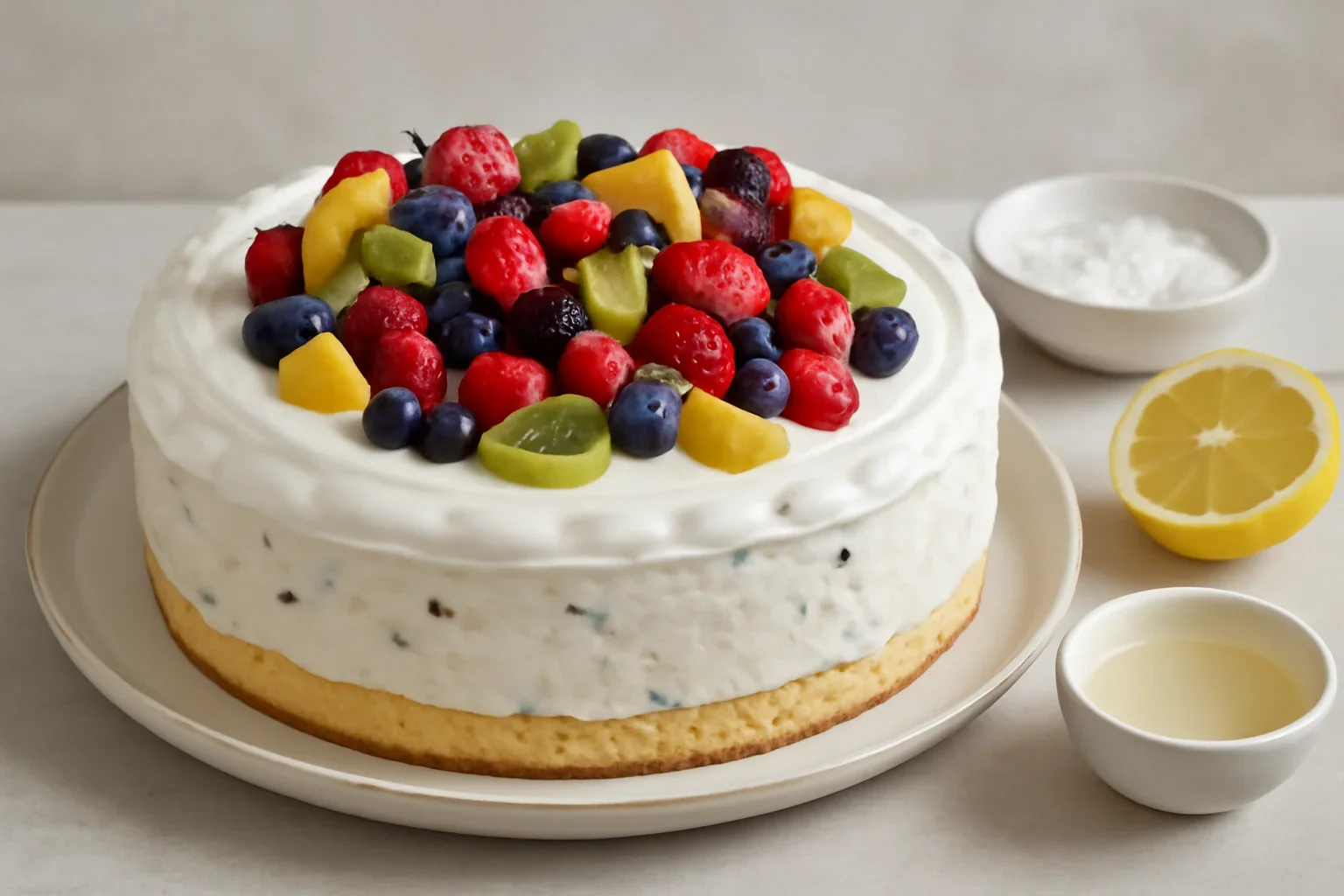 Tort cu frisca, iaurt si fructe