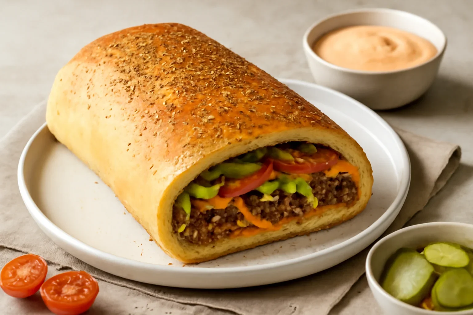 Big Mac Roll – rețeta de ruladă cu umplutură de burger cu brânză Cheddar și sos cremos