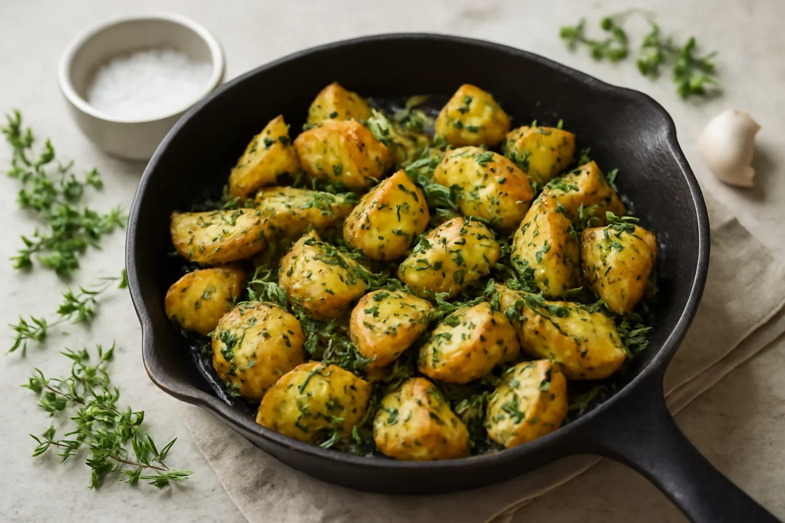 Cartofi cu ierburi aromatice și usturoi – la cuptor sau la tigaie