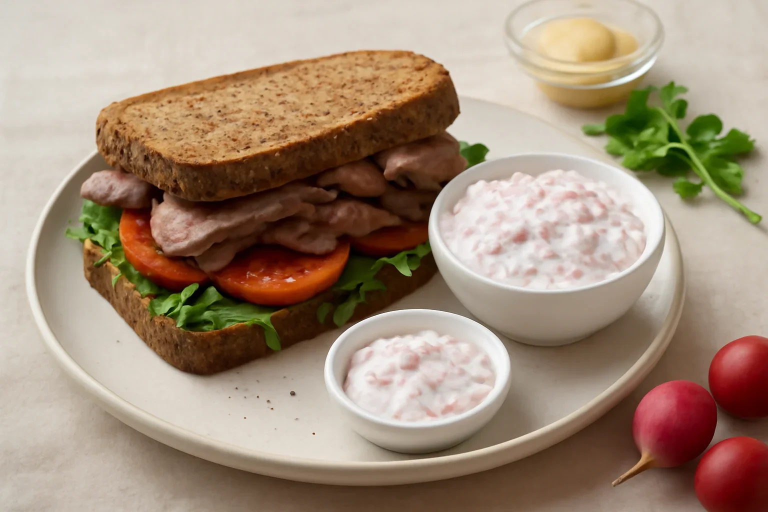 Sandwich cu roast beef și dip de ridichi
