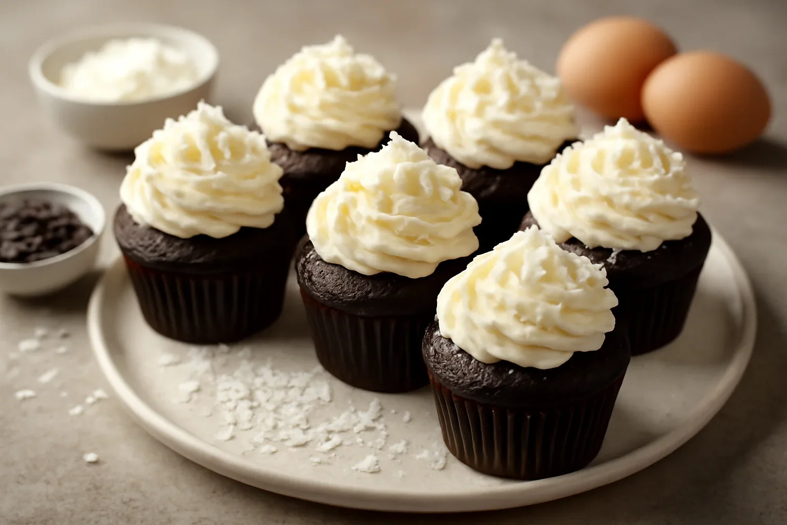 Briose cu ciocolata si cocos cu topping de buttercream sau ganache