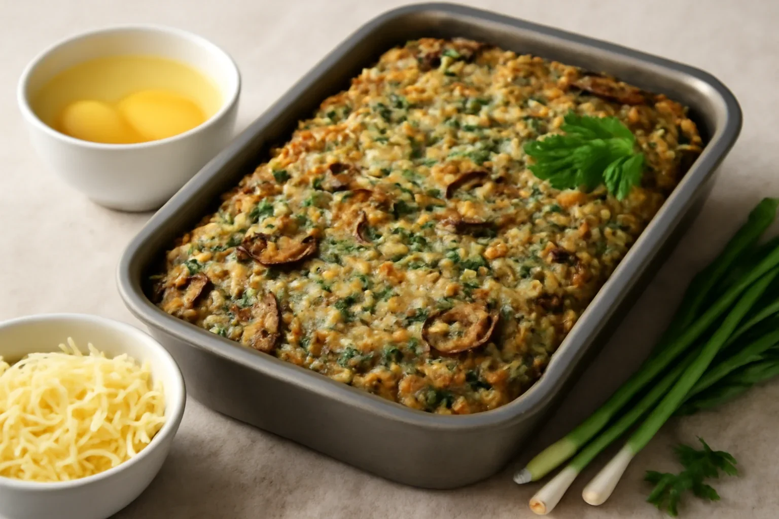 Drob vegetarian cu ciuperci rumenite, orez, cașcaval și verdețuri – rețeta de drob de legume