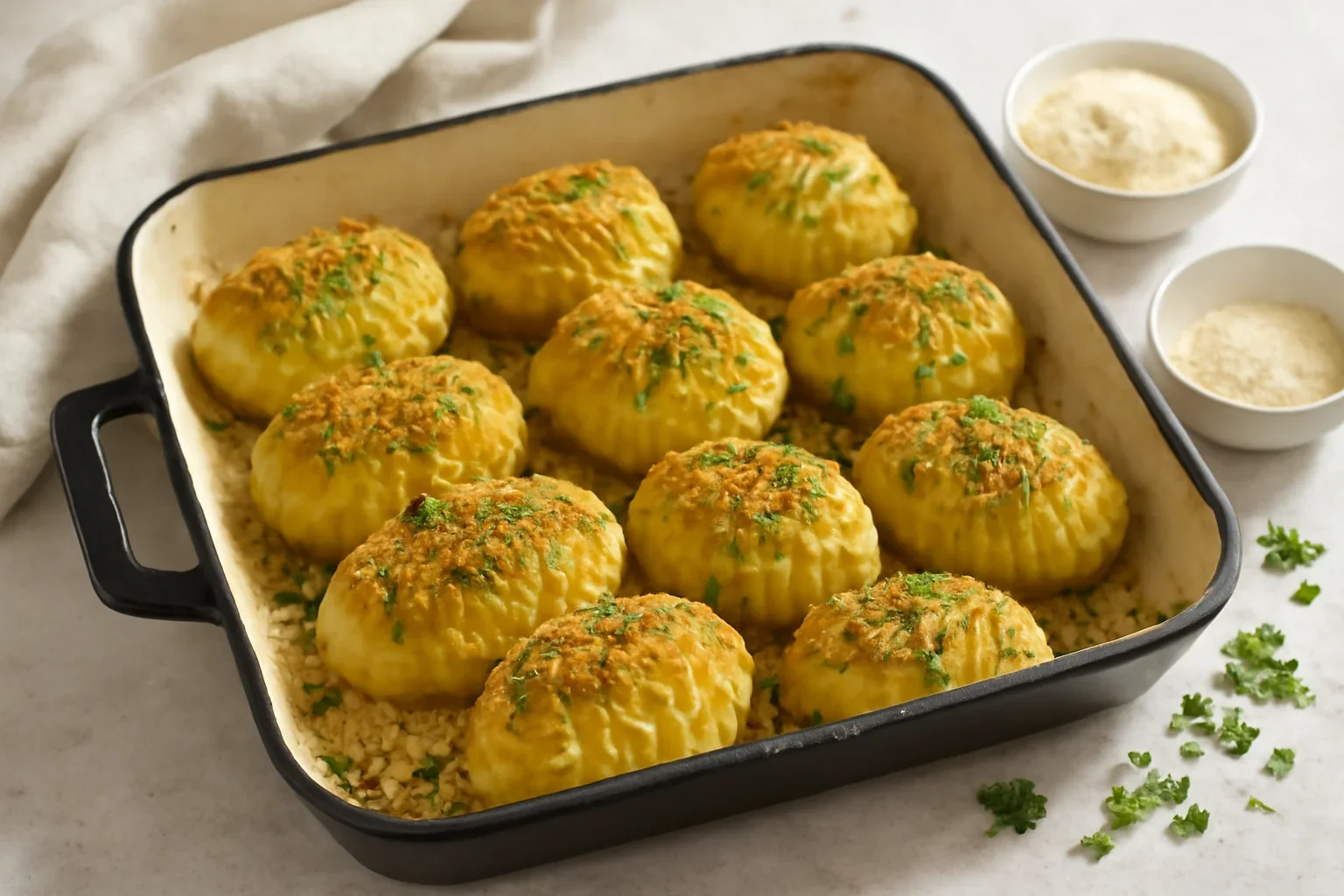Cartofi crocanți (răsturnați) cu crustă de parmezan și usturoi – la cuptor