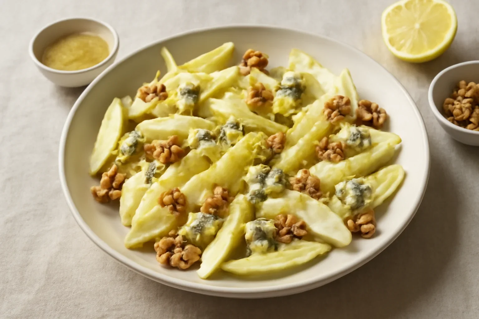 Salată de andive cu gorgonzola, pere și nuci – rețetă simplă