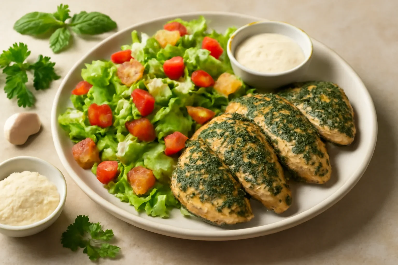 Piept de pui în marinată de ierburi aromatice cu salată și dip de parmezan