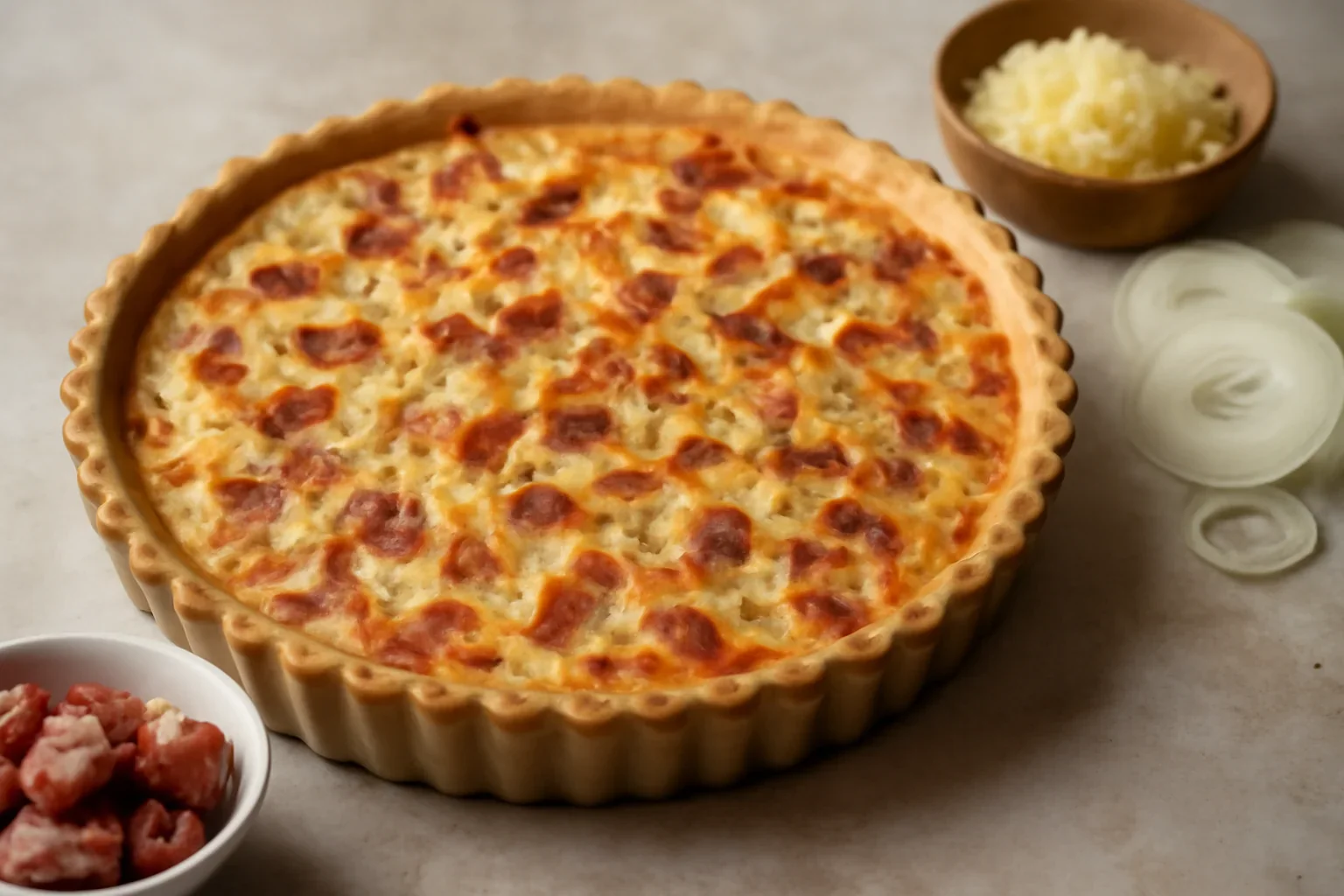 Tartă cu ceapă, brânză și șuncă – Quiche à l’oignon sau Zwiebelkuchen