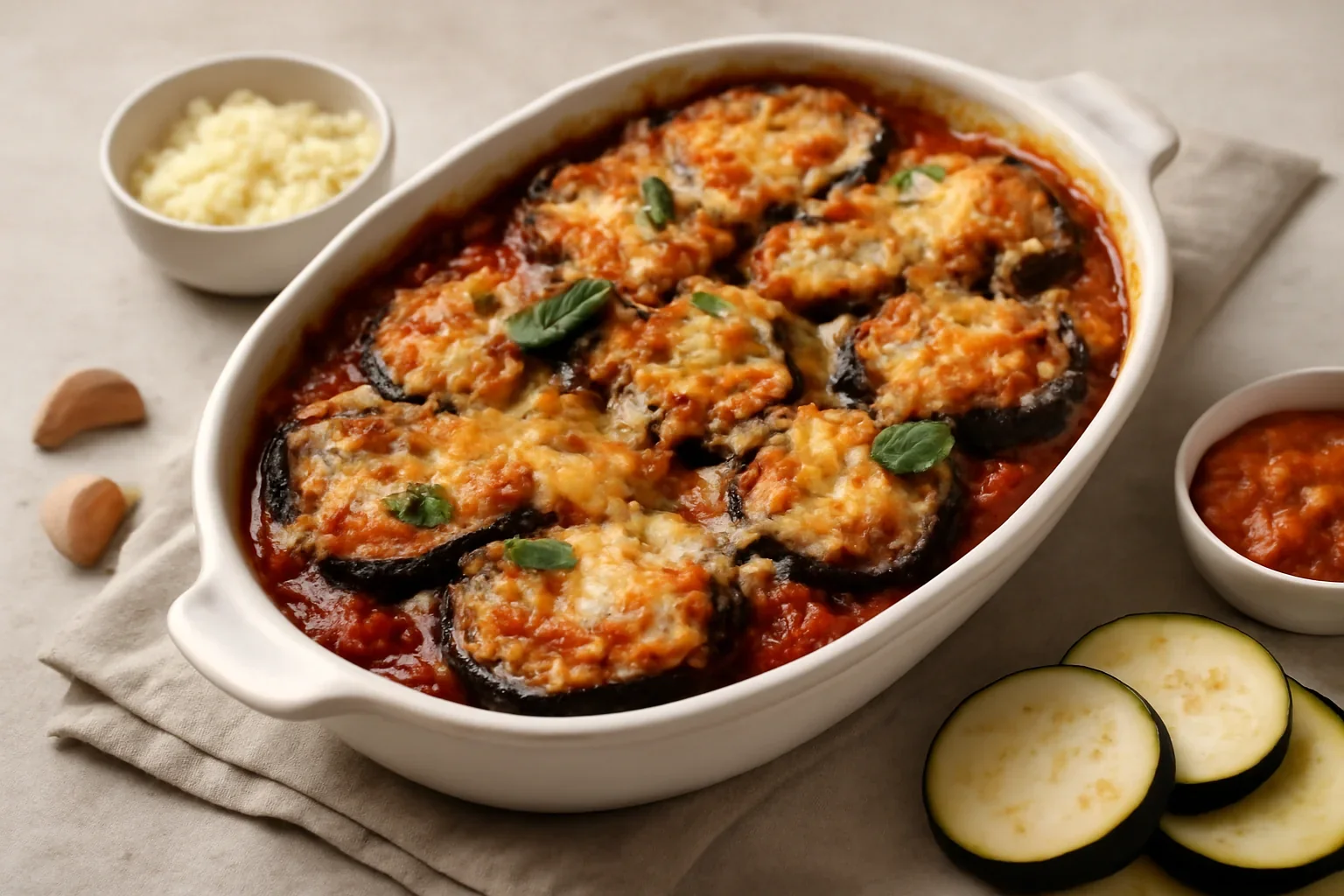 Vinete gratinate cu cascaval si sos de rosii cu usturoi – la cuptor