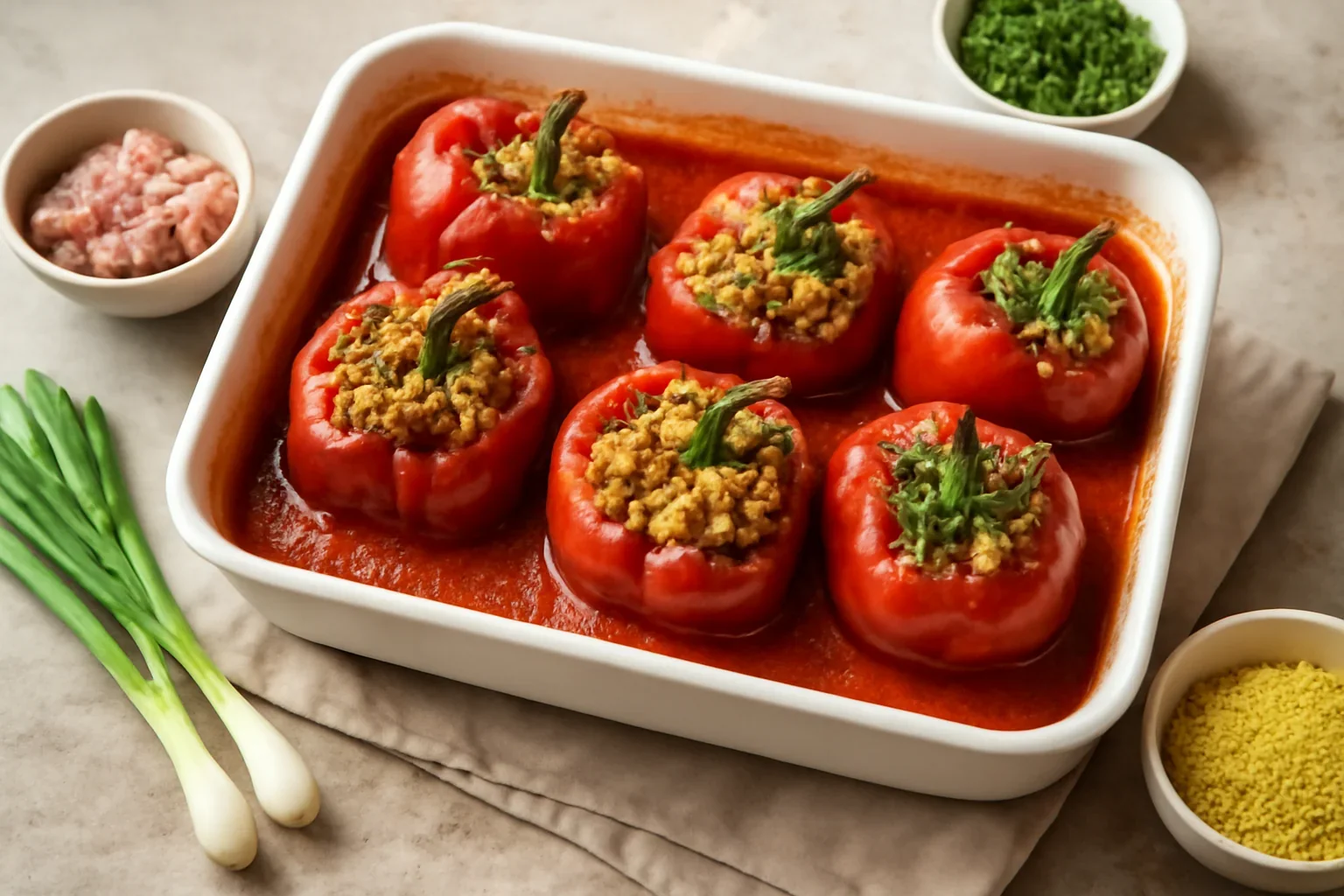 Ardei copți umpluți cu carne și cușcuș sau tărhană – la cuptor