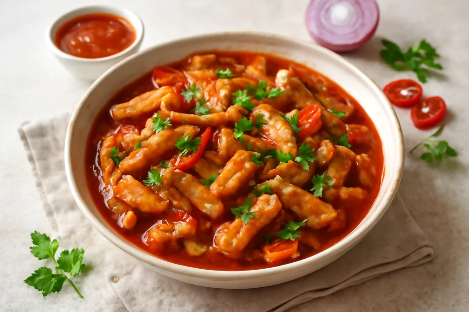 Mâncare de ciuperci pleurotus cu ceapă, legume și sos de roșii – rețeta de post