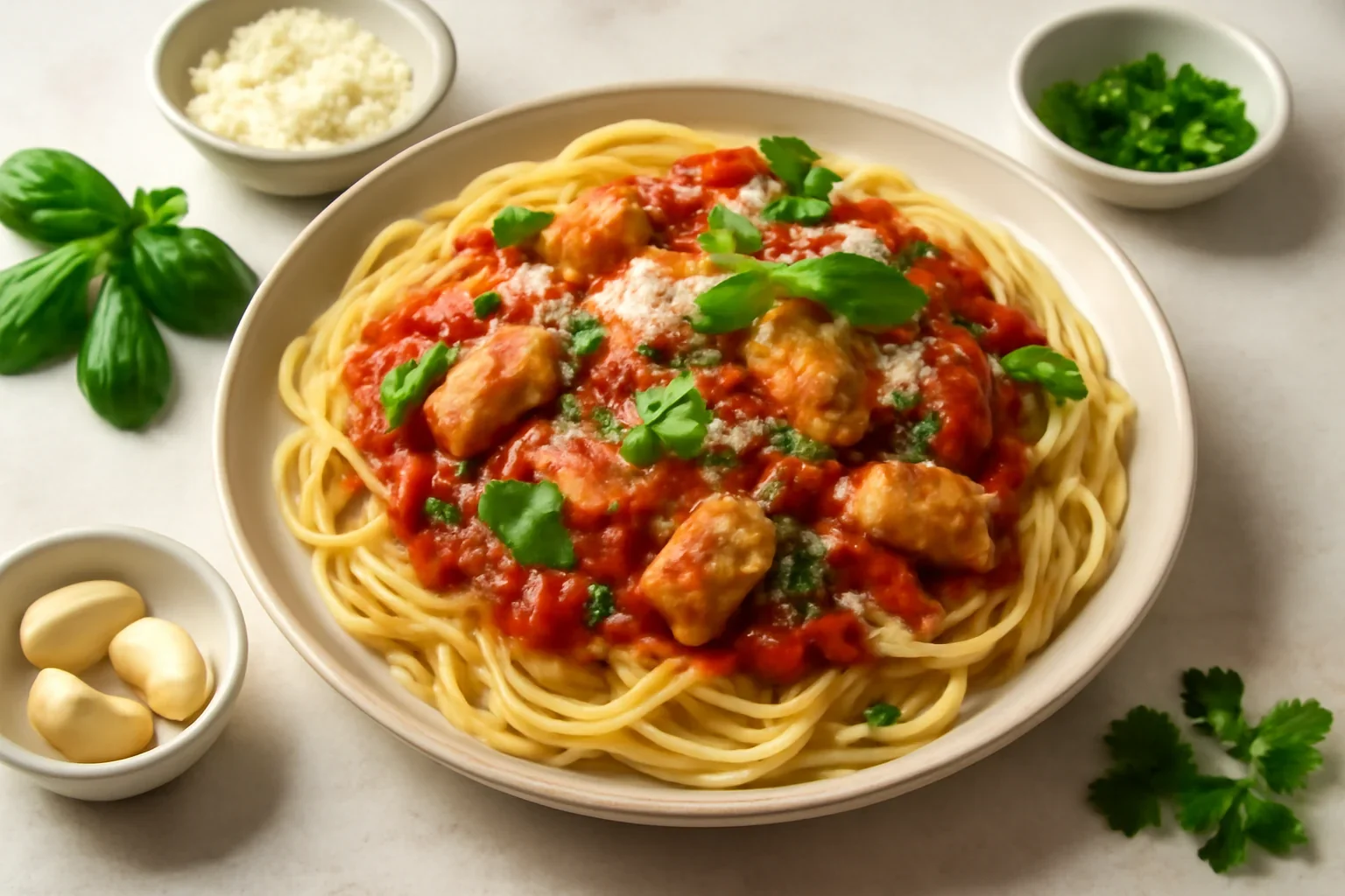 Paste cu piept de pui si sos de rosii marinara
